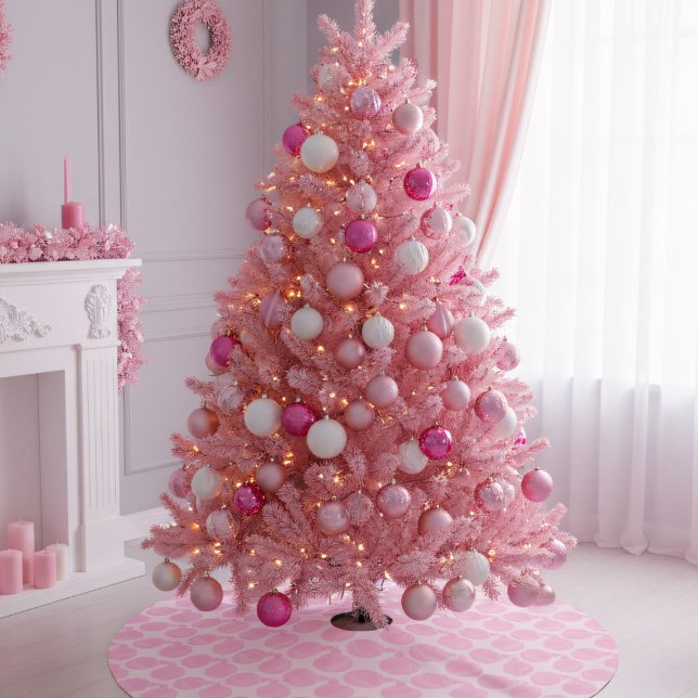 Jupon De Sapin En Polyester Brossé Pink Bauble Ornement de Noël Motif (Are you dreaming of a pink christmas? A pink tree skirt with a bauble pattern & space for your text.)