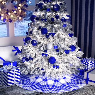 Jupon De Sapin En Polyester Brossé Plaid de Noël bleu et blanc