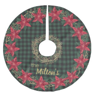 Jupon De Sapin En Polyester Brossé Plaid Et Poinsettias Vertes À La sériole Monogramm