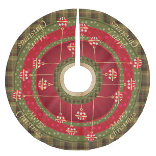 Jupon De Sapin En Polyester Brossé Plaid vert de fantaisie et ornements rouges de