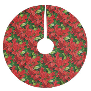 Jupon De Sapin En Polyester Brossé Poinsettias et Holly Feuilles