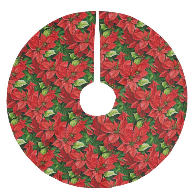 Jupon De Sapin En Polyester Brossé Poinsettias et Holly Feuilles (Devant)
