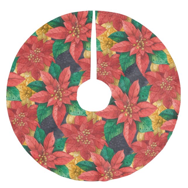 Jupon De Sapin En Polyester Brossé Poinsettias Noël Floral (Devant)