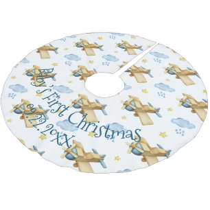Jupon De Sapin En Polyester Brossé Première aquarelle de Noël pour bébé bleu garçon