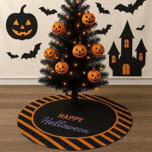Jupon De Sapin En Polyester Brossé Rayures noires et orange Joyeux Halloween