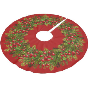 Jupon De Sapin En Polyester Brossé Red Holly Berries Pine verte Aiguilles Motif