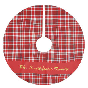 Jupon De Sapin En Polyester Brossé Red White Plaid Nom de famille personnalisé Noël
