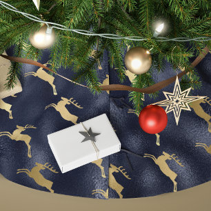 Jupon De Sapin En Polyester Brossé Renne de Noël Glam Bleu Nuit Or Feuille Fausse