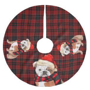Jupon De Sapin En Polyester Brossé Rouge et noir plaid avec l'anglais Bulldog Noël