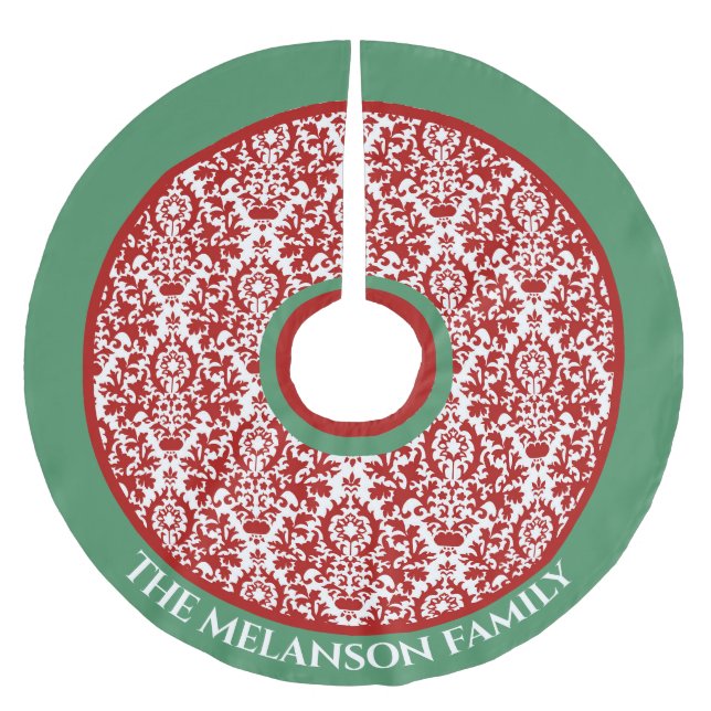 Jupon De Sapin En Polyester Brossé Rouge Vert Blanc Floral Damas Arbre de Noël Jupe (Devant)