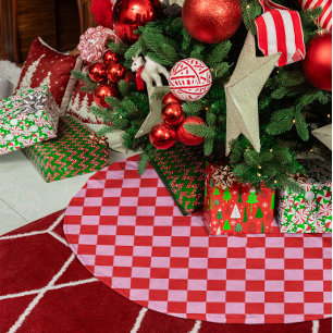 Jupon De Sapin En Polyester Brossé Rouge vif et carreaux rose clair