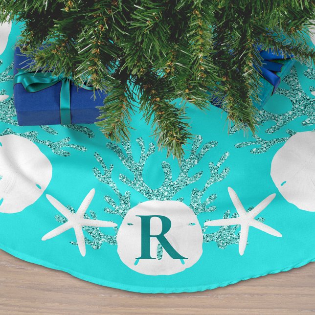 Jupon De Sapin En Polyester Brossé Sable Dollar Noël Aqua Blue Monogramme (Créateur téléchargé)