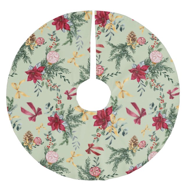 Jupon De Sapin En Polyester Brossé Sage Green Noël hiver verdure et Motif de la bow (Devant)