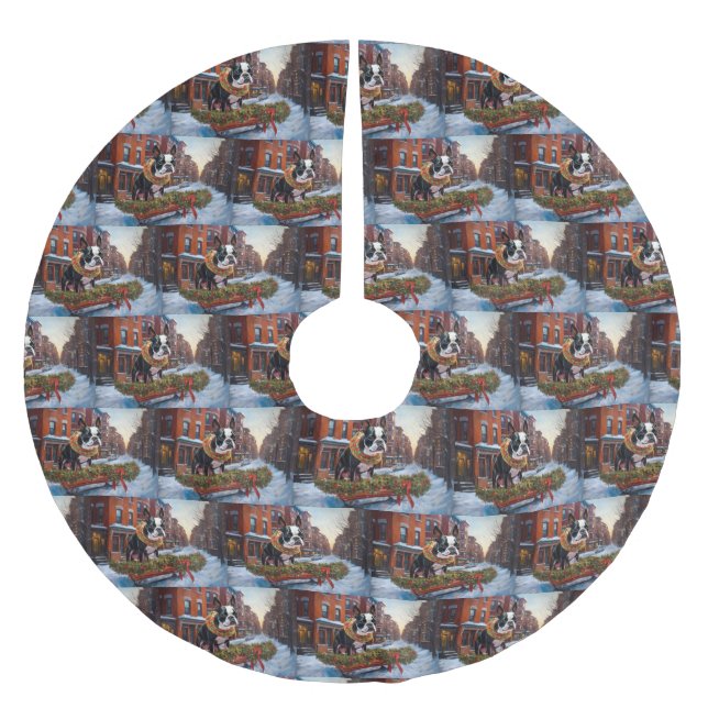 Jupon De Sapin En Polyester Brossé Saison de Noël de Boston Terrier (Devant)