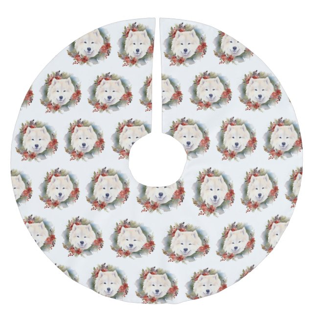 Jupon De Sapin En Polyester Brossé Samoyed Christmas Wreath Festive Pup (Devant)