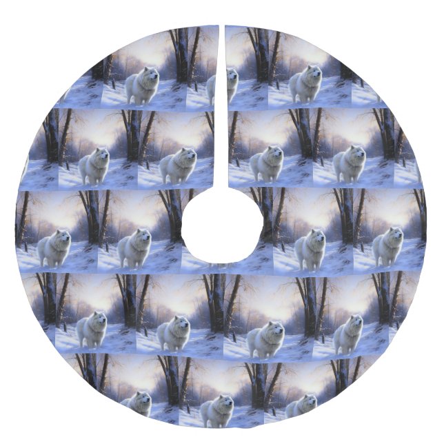 Jupon De Sapin En Polyester Brossé Samoyed Let It Snow Christmas (Devant)