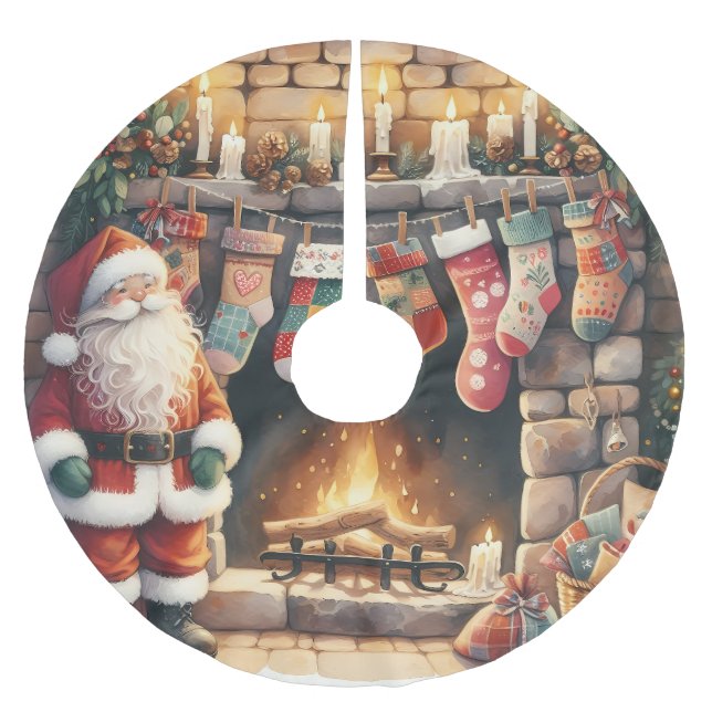 Jupon De Sapin En Polyester Brossé Santa by Fireplace Christmas Stockings (Devant)
