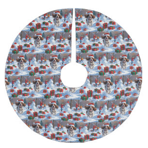 Jupon De Sapin En Polyester Brossé Scène de neige festive de Noël avec un épagneul br