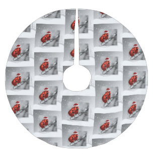 Jupon De Sapin En Polyester Brossé Scène d'hiver argenté avec deux oiseaux cardinaux