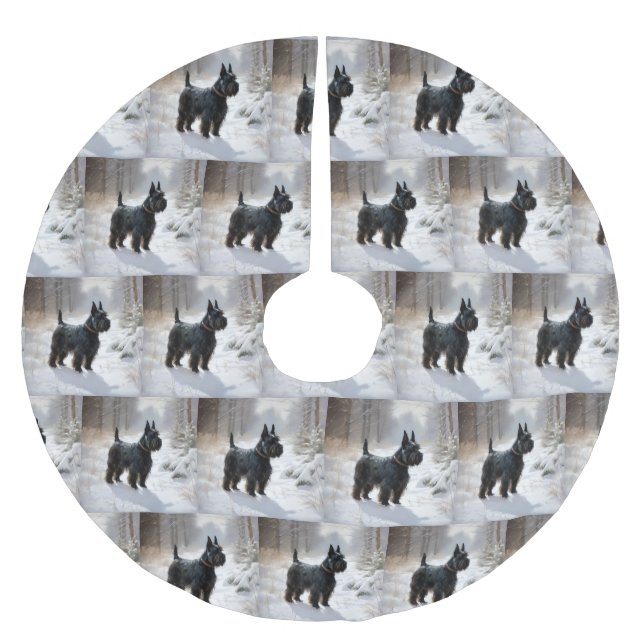 Jupon De Sapin En Polyester Brossé Scottish Terrier Laisser Il Neige Noël (Devant)