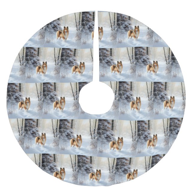 Jupon De Sapin En Polyester Brossé Shetland Sheepdog Laisser neiger Noël (Devant)