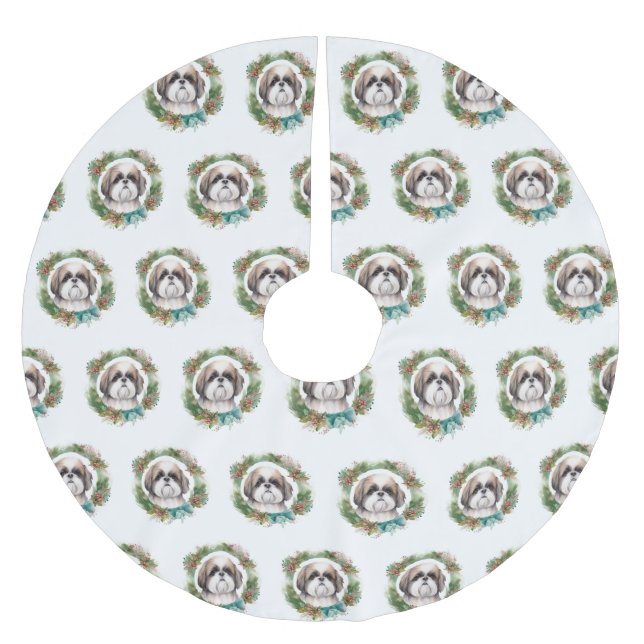 Jupon De Sapin En Polyester Brossé Shih Tzu Christmas Wreath Festive Pup (Devant)