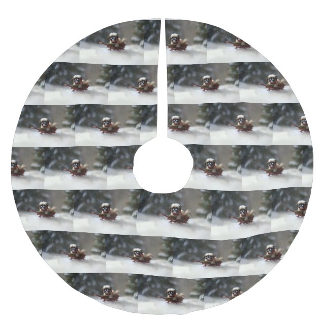 Jupon De Sapin En Polyester Brossé Shih Tzu hiver neige de Noël (Devant)