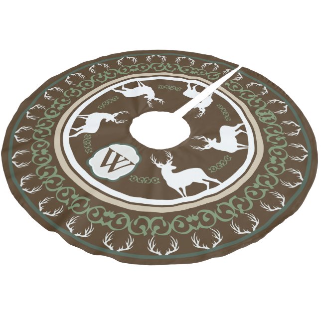 Jupon De Sapin En Polyester Brossé Silhouettes de Cerfs de Forêt Rustique et Monogram (Angle)