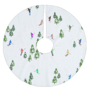 Jupon De Sapin En Polyester Brossé Skieurs Illustration Ski Noël