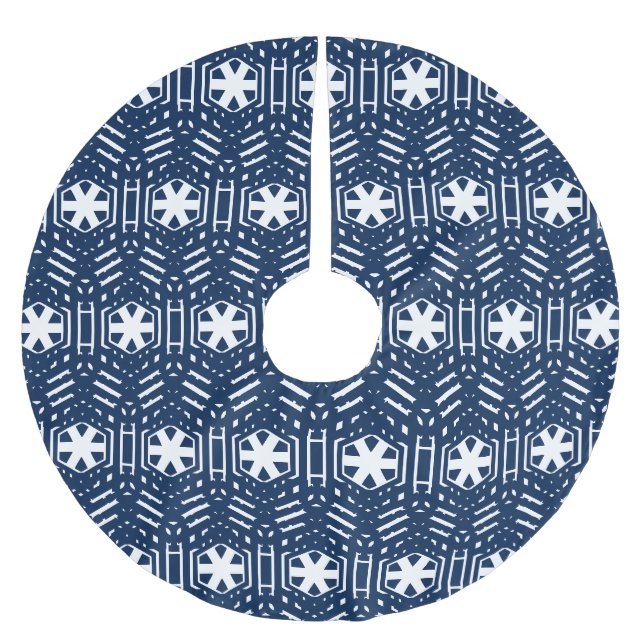 Jupon De Sapin En Polyester Brossé Snowflakes marine bleu et blanc motif Noël (Devant)