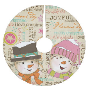Jupon De Sapin En Polyester Brossé Snowman Couple Typographie Vacances Jupe d'arbre