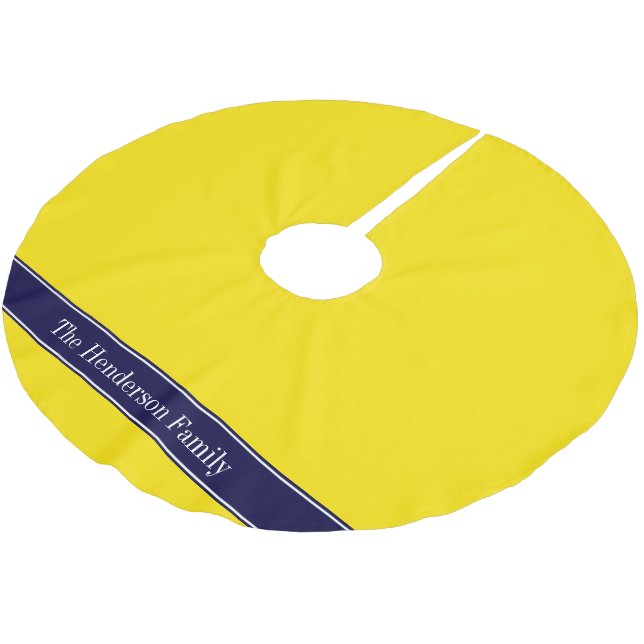 Jupon De Sapin En Polyester Brossé Solid Yellow, Navy Blue Ribbon Monogram (Angle)