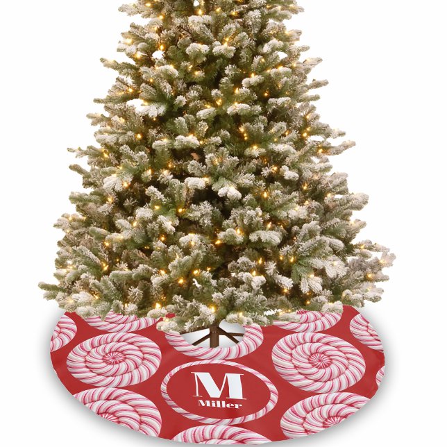Jupon De Sapin En Polyester Brossé Sucres de canne ronds roses de Noël Nom personnali (Créateur téléchargé)