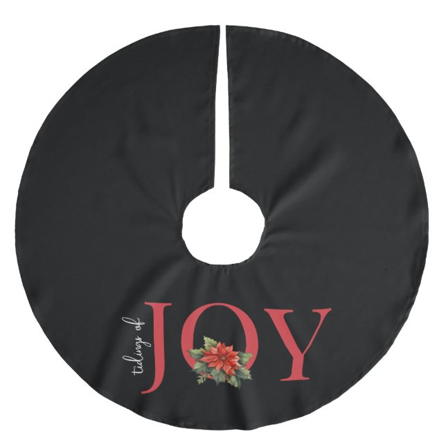 Jupon De Sapin En Polyester Brossé TIGES DE JOY RED CHRISTMAS POINSETTIA sur NOIR, (Devant)