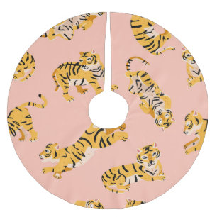 Jupon De Sapin En Polyester Brossé Tigres caricaturaux, motif vintage rose.