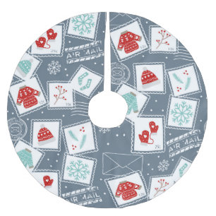 Jupon De Sapin En Polyester Brossé Timbre de la poste Noël Fête Rouge Bleu mou