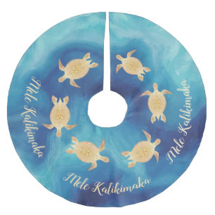 Jupon De Sapin En Polyester Brossé Tortues dorées Bleu Mele Kalikimaka
