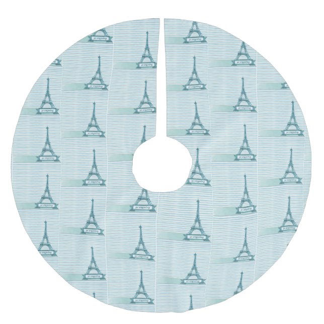 Jupon De Sapin En Polyester Brossé Tour Eiffel Bleu Arbre de Noël (Devant)