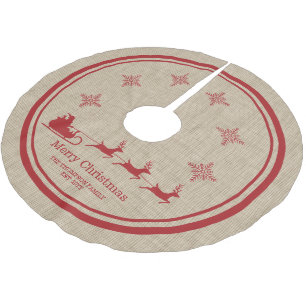 Jupon De Sapin En Polyester Brossé Traîneau de Noël rouge et beige avec nom de famill