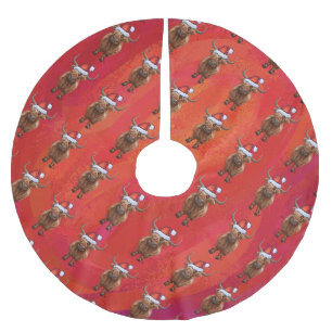 Jupon De Sapin En Polyester Brossé Vache Highland à Santa Hat Motif sur Red