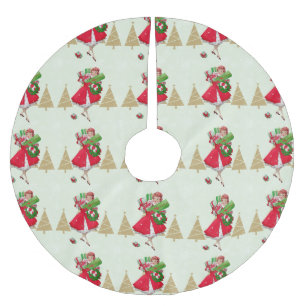 Jupon De Sapin En Polyester Brossé Vintage Christmas Lady présente Red Green Gold