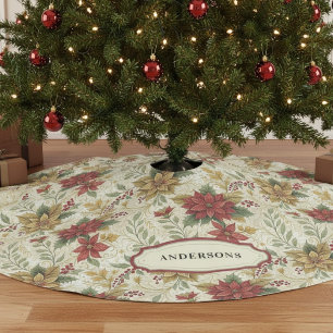 Jupon De Sapin En Polyester Brossé Vintage Classic Rouge & Or Poinsettia Floral