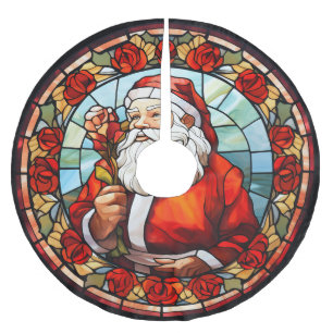 Jupon De Sapin En Polyester Brossé Vintage Santa Claus Vitrail Roses Noël