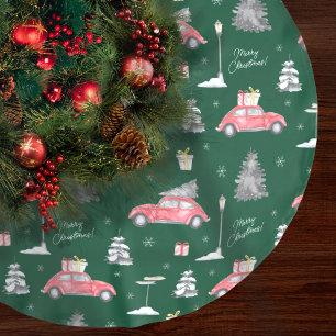 Jupon De Sapin En Polyester Brossé Voiture rouge Motif d'hiver Joyeux Noël vert