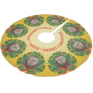 Jupon De Sapin En Polyester Brossé VOS PHOTOS DE CHÈVRE OU DE PET et NOM Gold de Noël