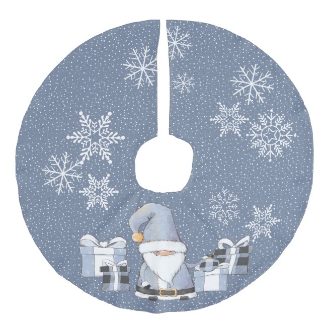 Jupon De Sapin Imitation Lin Blue Père Noël Gnome avec cadeaux (Devant)