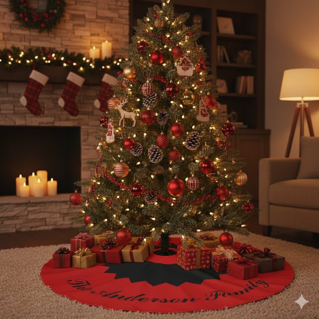 Jupon De Sapin Imitation Lin Custom Family Name Black Red Christmas Tree Skirt (Custom Family Name Black Red Christmas Tree Skirt)