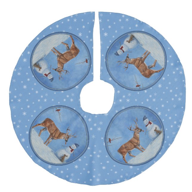 Jupon De Sapin Imitation Lin Deer & Snowman Christmas Snowflakes (Devant)