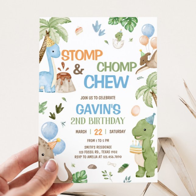 Jurassic Cute Dinosaur Birthday Party Invitation (Stomp, Chomp and Chew Dinosaur Birthday Party Invitation)