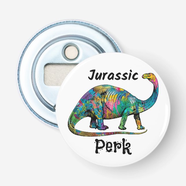 Jurassic Perk Colorful Dinosaur White Bottle Opener (Front)